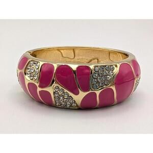 Pink and Gold Tone Retro Rhinestone Enamel Bangle Bracelet